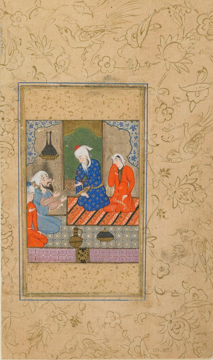 来自Jami的Yusuf u Zulaykha的Folio（d.1492）; Zulaykha和一位老人听取对话，可能是伊朗马什哈德，1560-70（不透明的水彩，墨水和纸上的金色） 作者 波斯学校