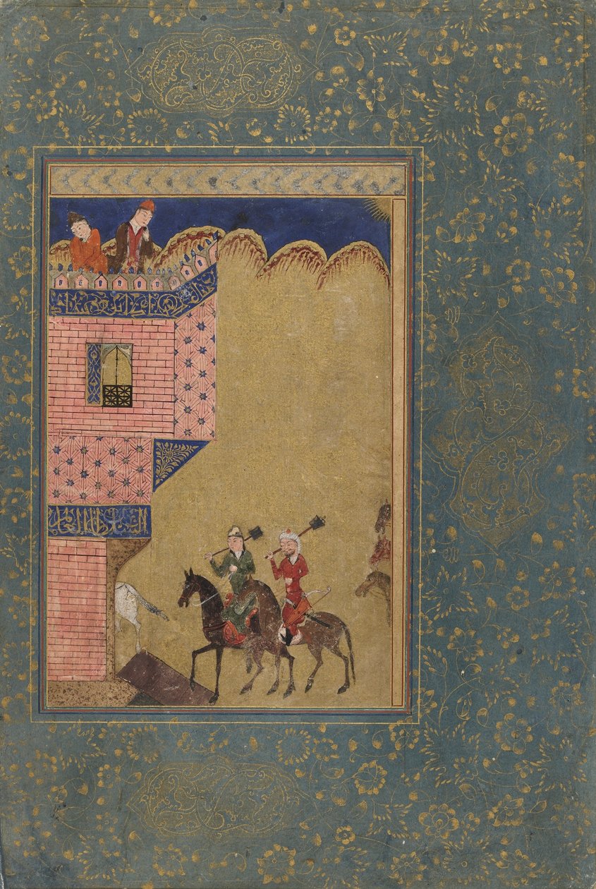 文集中的Folio;携带锤子的两个骑手接近建筑物，伊朗，1417-18（不透明的水彩和纸上的金） 作者 波斯学校