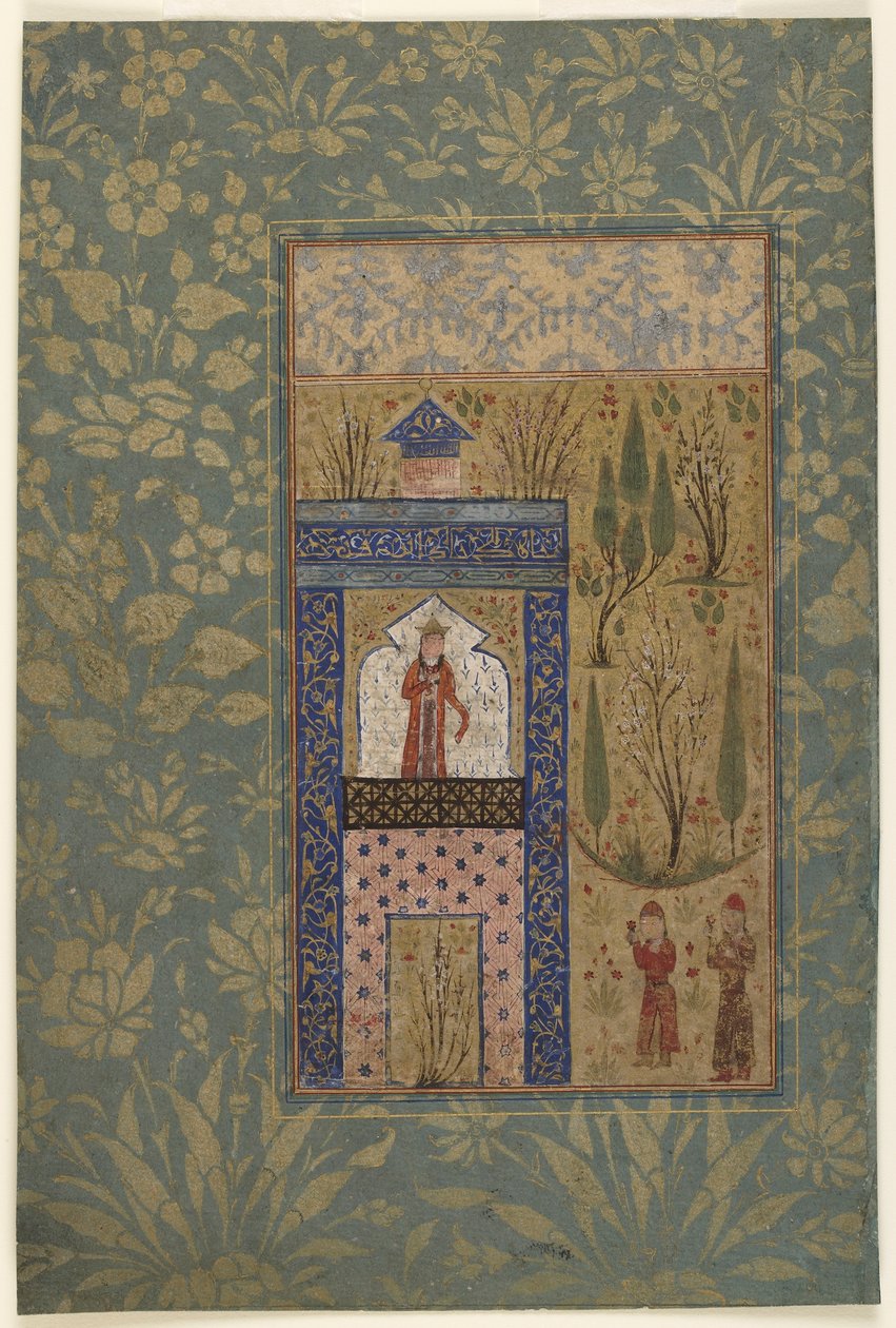 文集中的Folio;在公主在窗口前的两个青年，伊朗，1417-18（不透明的水彩和纸上的金） 作者 波斯学校