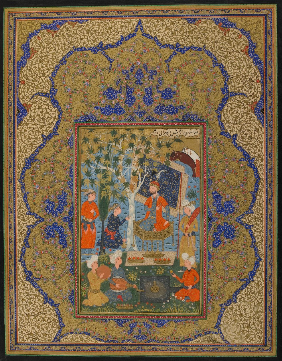 来自不明文本的Folio;一个统治者，可能是Khurasan，伊朗，1590年（不透明的水彩，墨水和黄金在纸上） 作者 波斯学校
