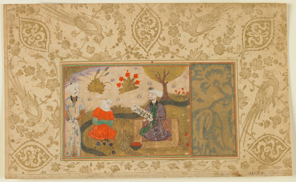 来自不明文本的Folio;一个女人与一个坐着的男人交谈，伊朗，c.1500（不透明的水彩，墨水和纸上的金色） 作者 波斯学校