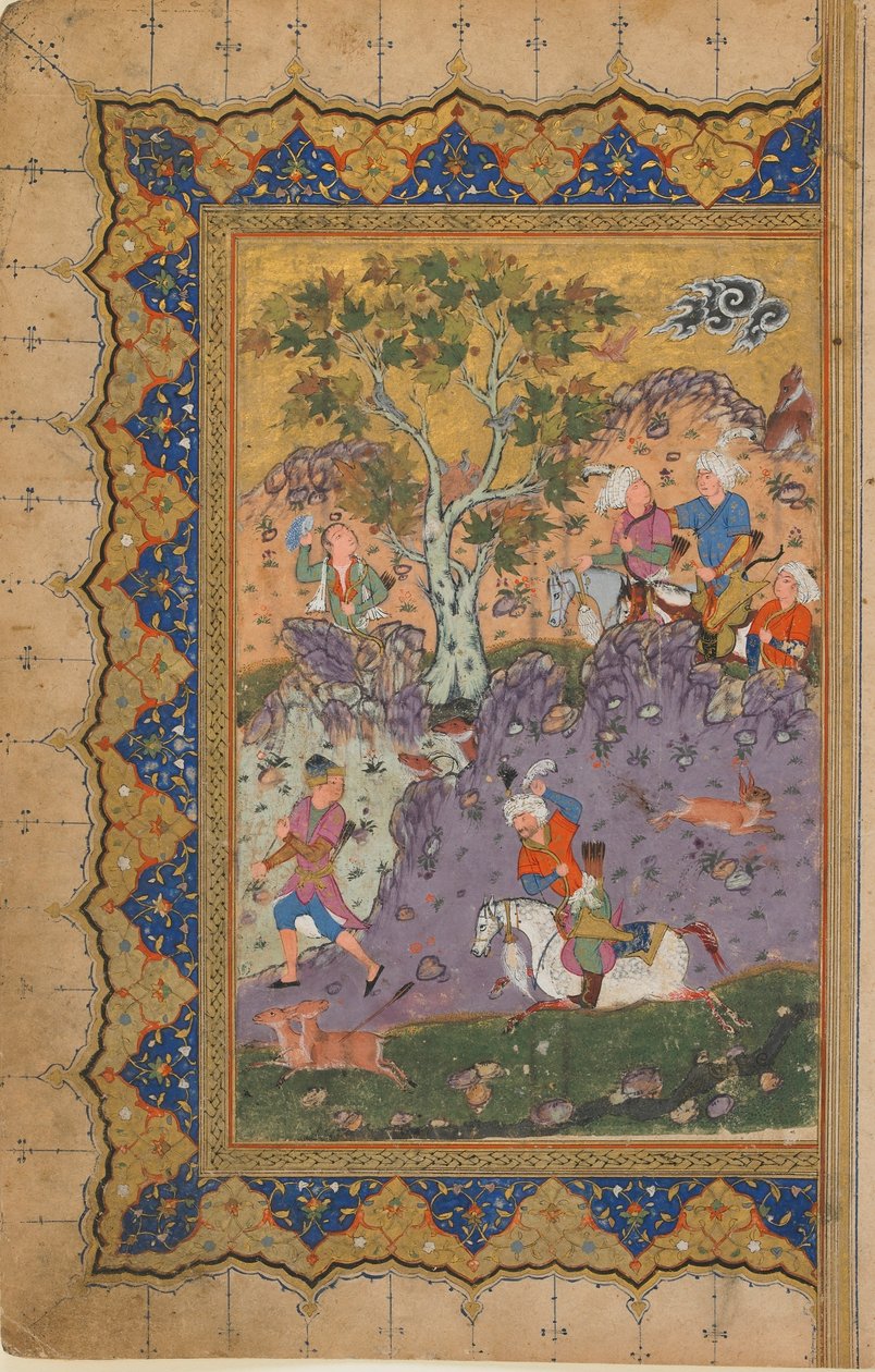 来自不明文本的Folio;正面：狩猎王子，伊斯法罕，伊朗，c.1600（不透明的水彩，墨水和黄金在纸上） 作者 波斯学校