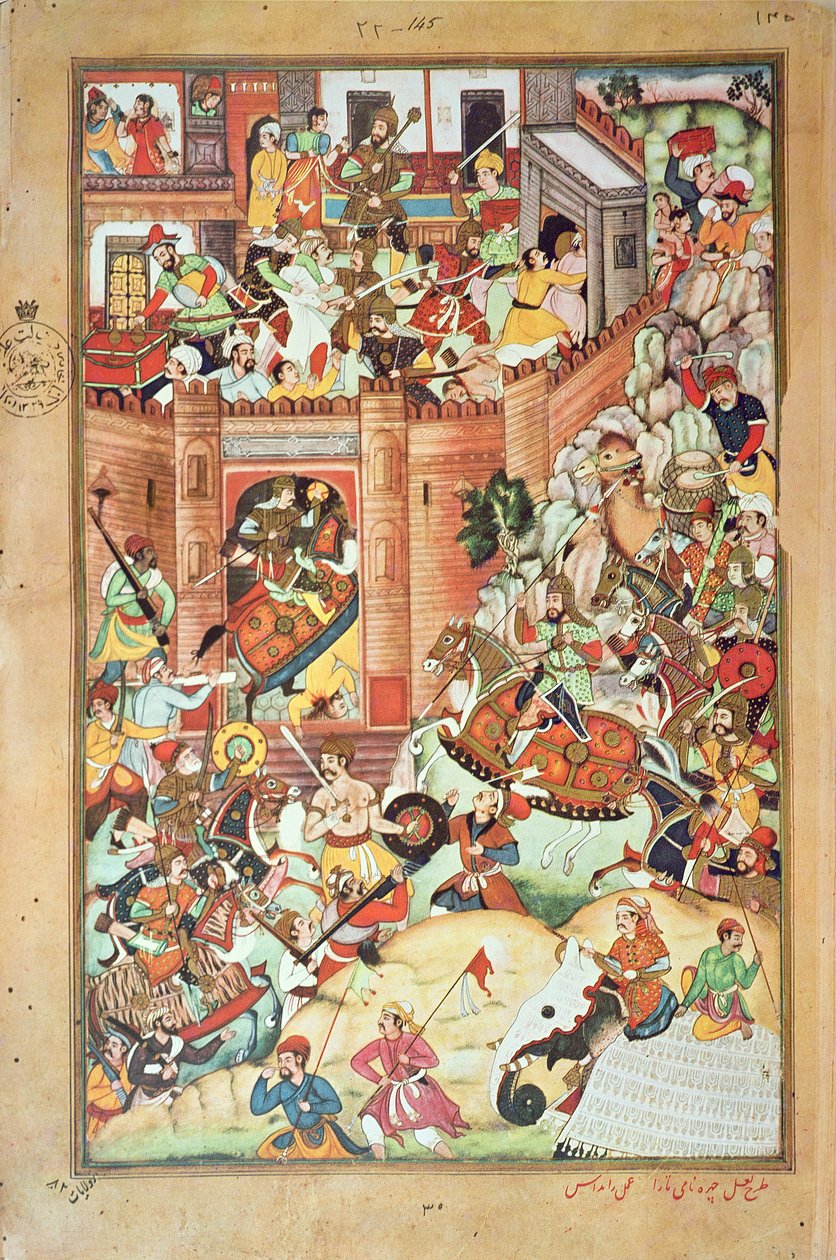 成吉思汗占领了一个中国城镇，这是 1596 年完成的“成吉思汗波斯史”的缩影 作者 波斯学校