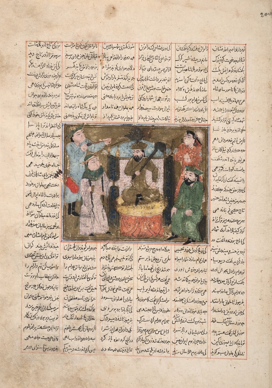 Gordiyeh建议她的兄弟Bahram Chubineh不要向往波斯王位，c.1330（不透明的wc，黄金和墨水在纸上） 作者 波斯学校