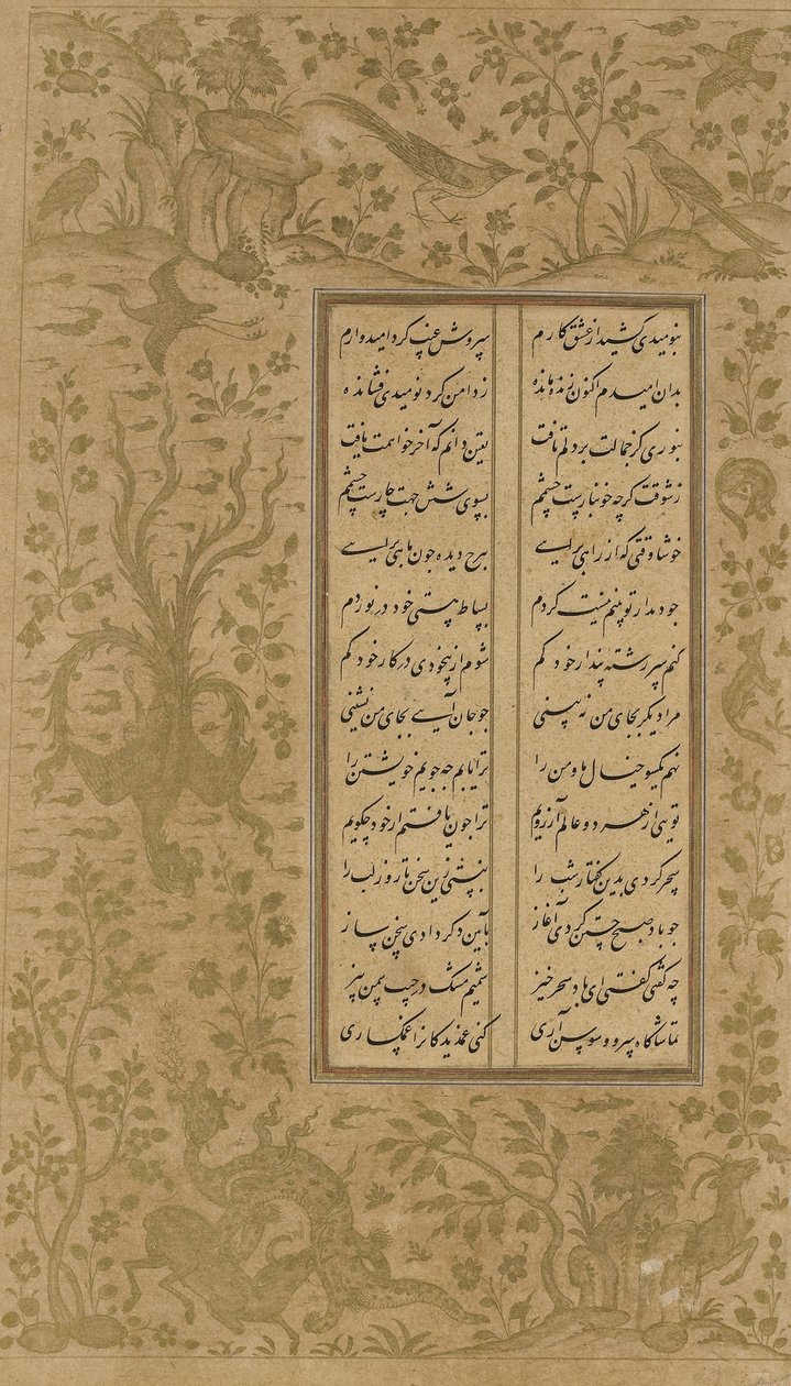 葡萄藤和鸟的设计，来自Yamiuf u-Zulaikha的作品集Jami（d.1492）伊朗Qazvin，萨法维王朝，1557年（纸上的墨水和黄金） 作者 波斯学校