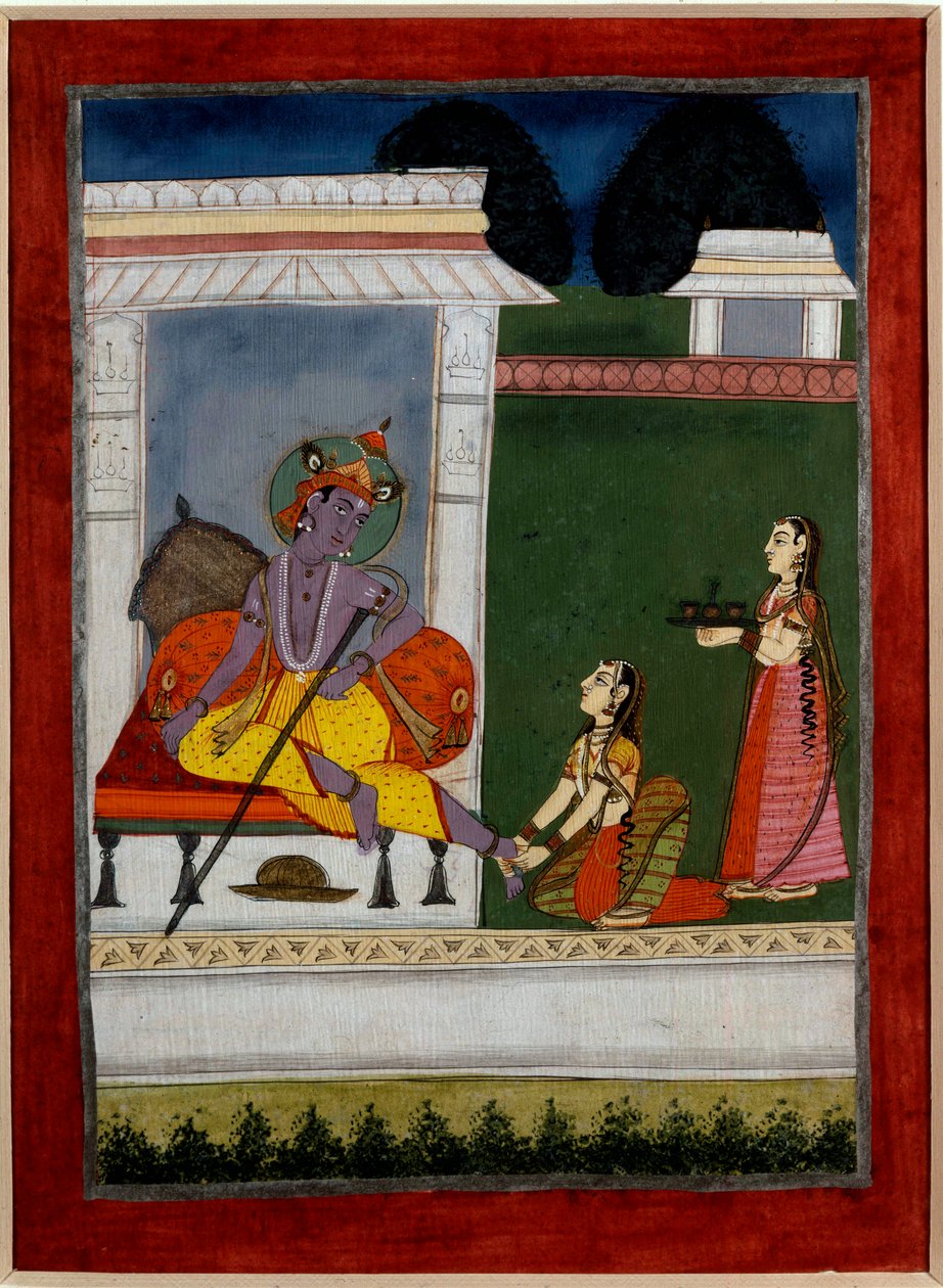 Hinduism: “” Krishna resting””” A next one mats his feet. Persian minature of the Indian school of the 17th century. Rennes, Museum of Fine Arts 作者 波斯学校