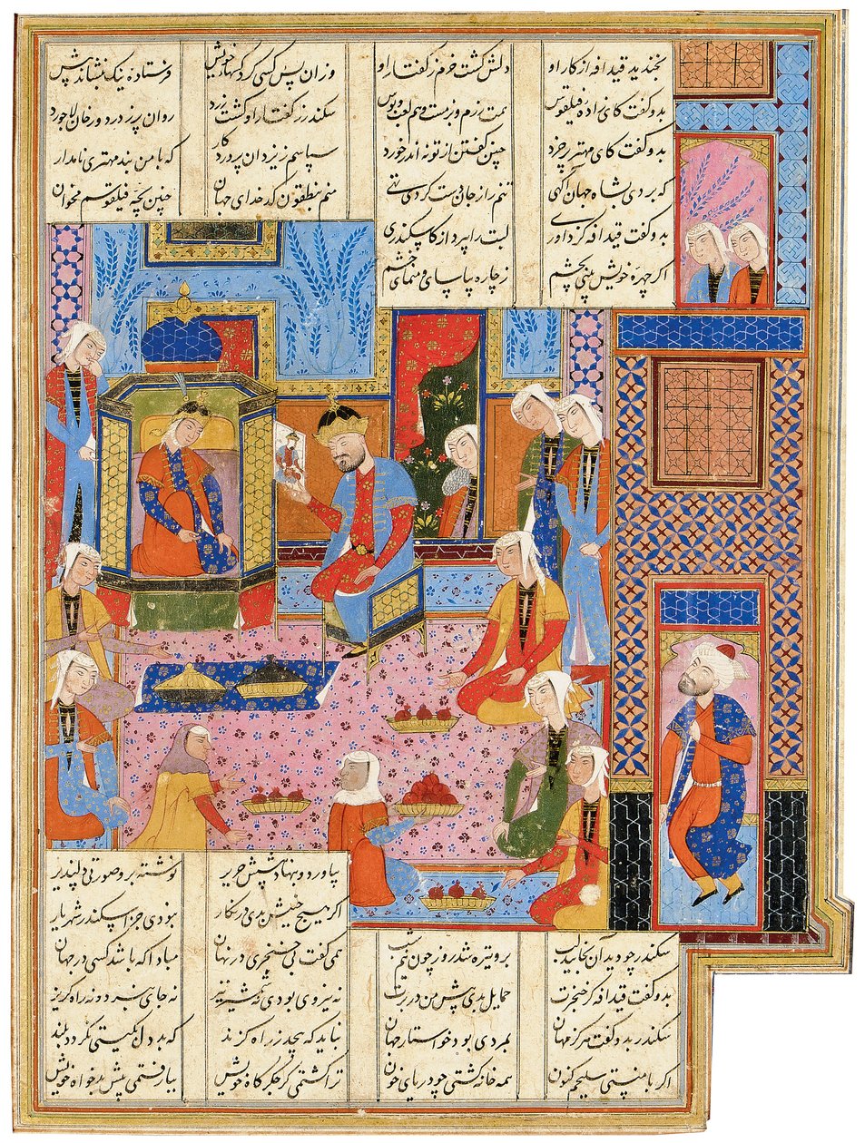 萨法维德·夏纳玛（Safavid Shahnama）的插图：亚历山大（Alexander）以特使的身份被伊朗设拉子（Neraba）皇后努沙巴（Queen Nushaba）所承认，1650-1700年 作者 波斯学校