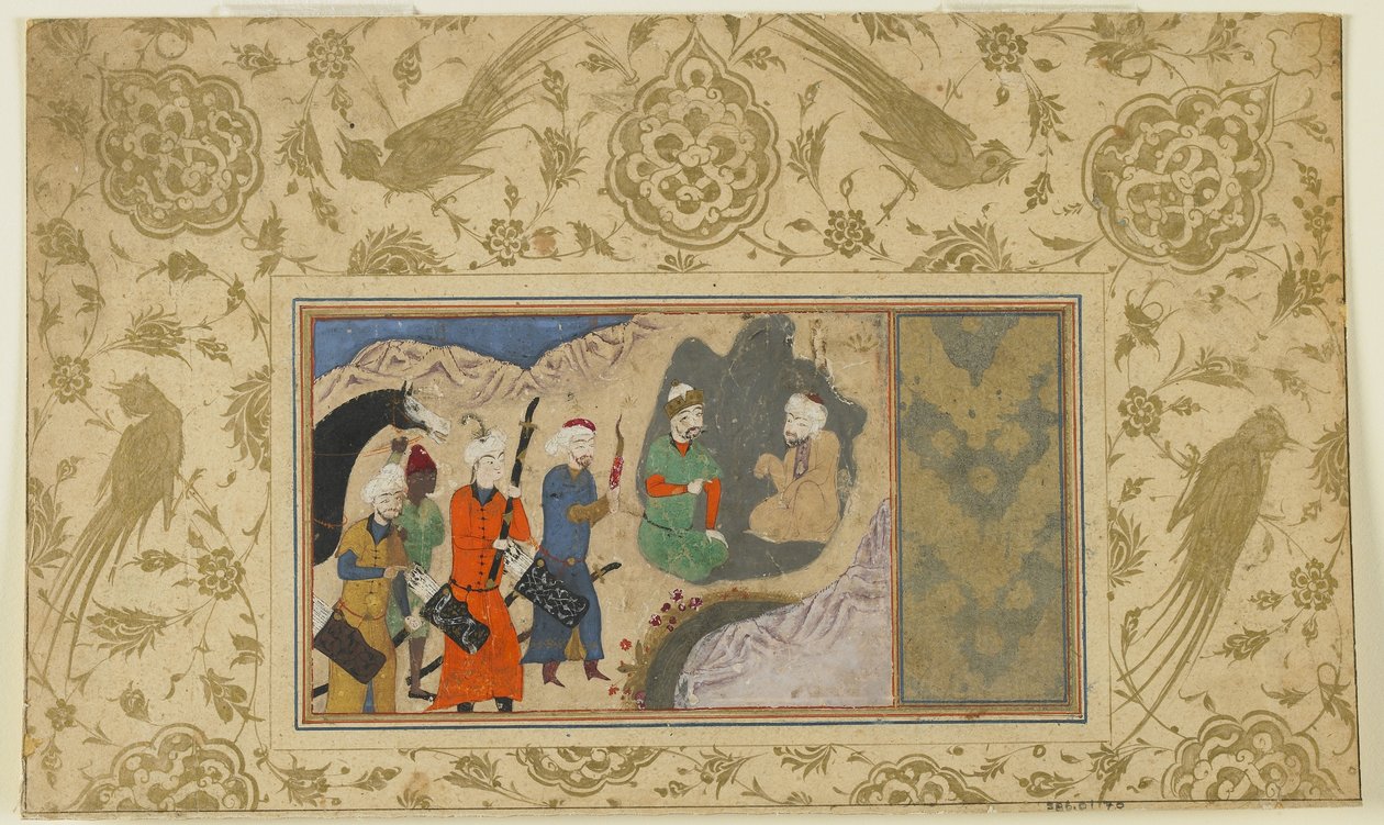 伊斯坎达（Iskandar）参观隐士，约1500年（纸上不透明的水彩，墨水和金色） 作者 波斯学校