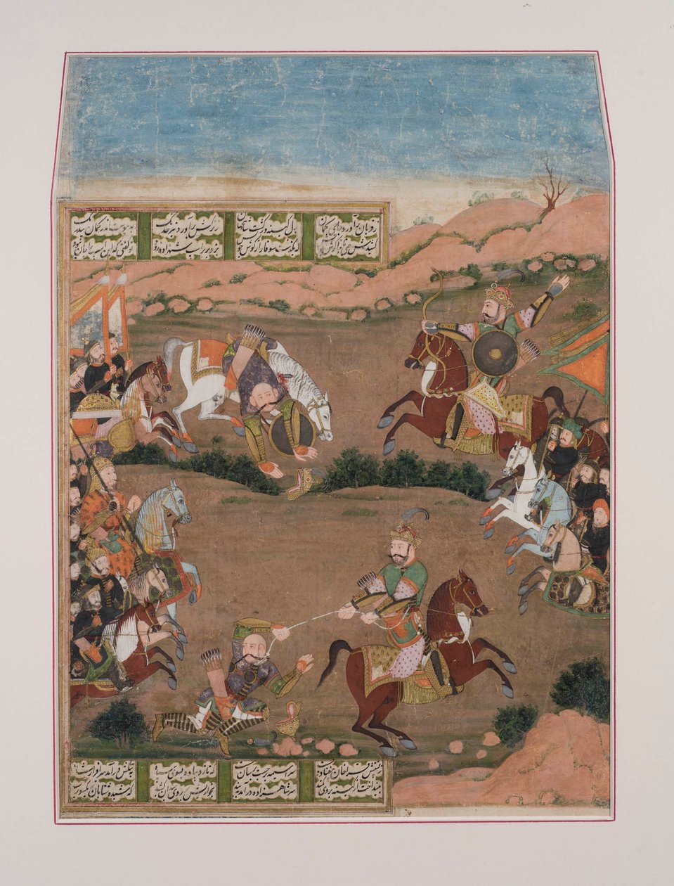 Kay-Khusrau从Shahnama射击Qara Khan（纸上水粉，金色点缀） 作者 波斯学校