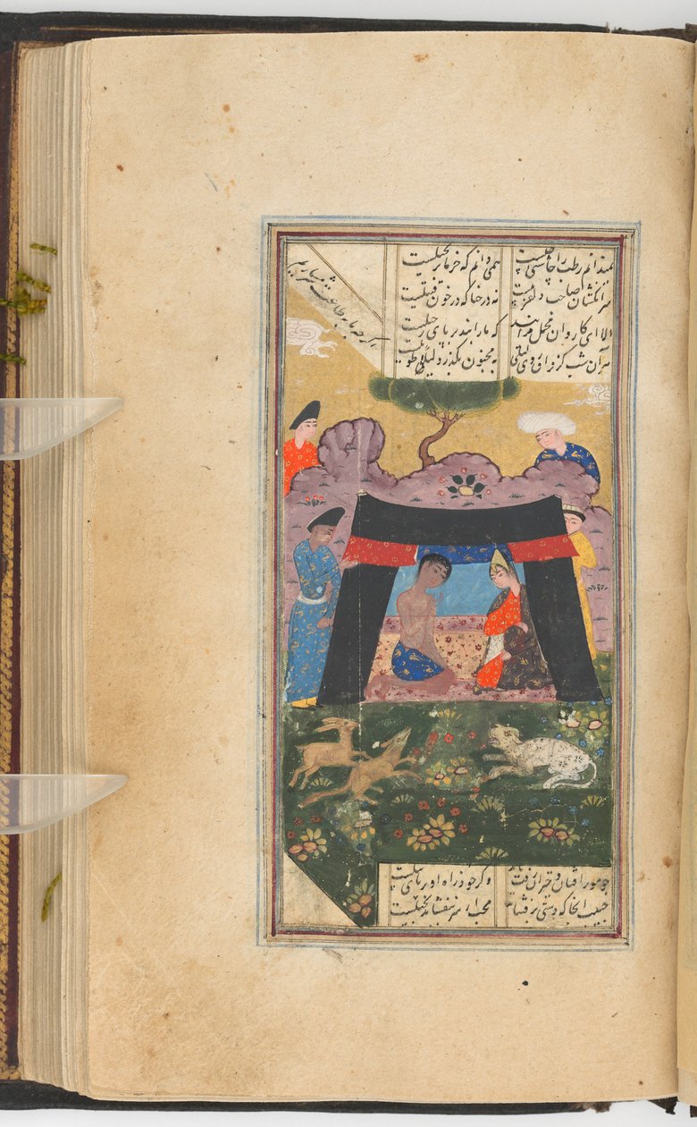Layla and Majnun in A Tent (painting recto; text verso of folio 205), painting from a manuscript of the Kulliyat of Sa‘di (ink, colors, and gold on paper) 作者 波斯学校
