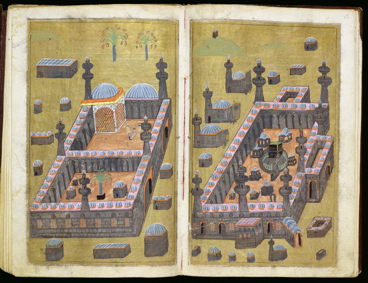 MS.343.f15v-16r Medina＆Mecca的清真寺，来自慈善理由，Mustafa Al-Shukri，1160 作者 波斯学校