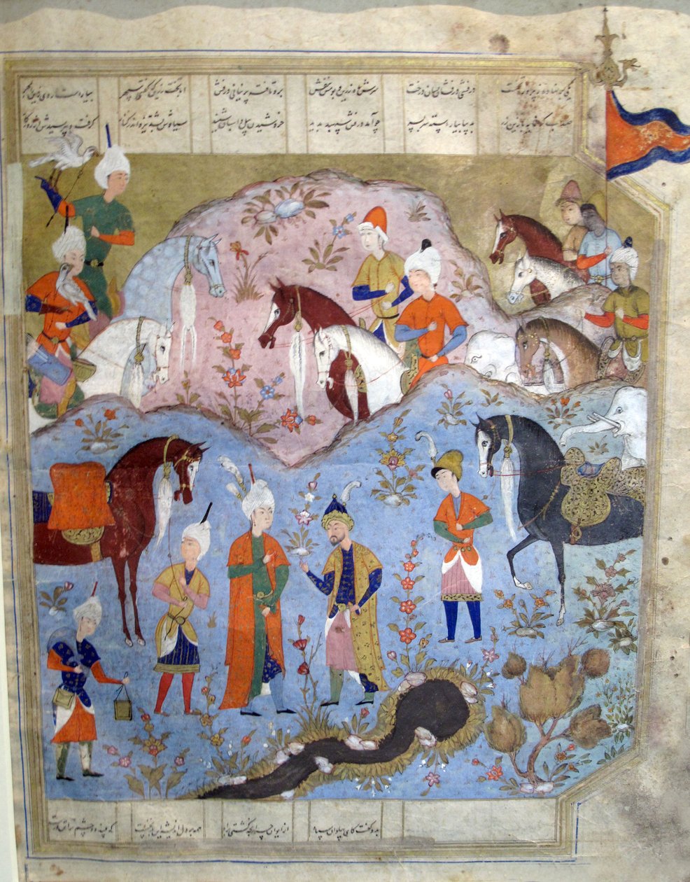 来自Firdosi Shahnam的Siyarvush和Afrasiyab会议，1565-66（纸上有金箔的水粉） 作者 波斯学校