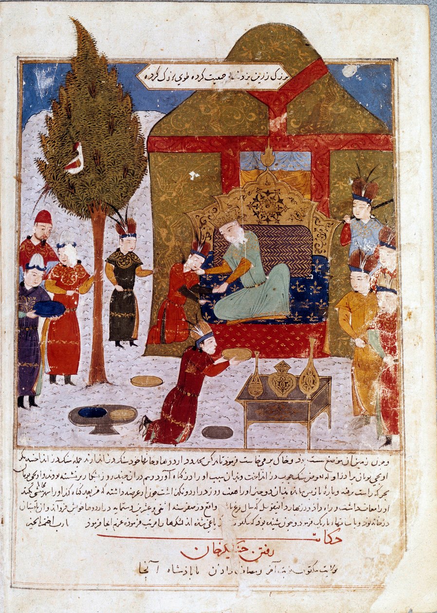 蒙古皇帝成吉思汗（1167-1227）在伊尔密尔附近的营地中的宝座上，与他的孙子诃额仑和胡勒古 波斯人的缩影，取自拉希德-丁（al Din）（B.1247-1318）的《蒙古帝国史》（Jami al Tawarikh）。 作者 波斯学校