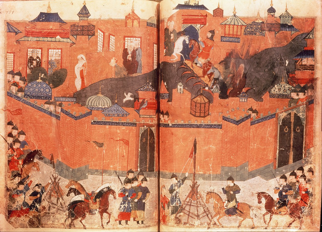 Ms.Sup.Pers.1113.f.180v-181 蒙古人在胡拉古汗的领导下于 1258 年攻打并占领巴格达，摘自 Rashid al-Din (1247-1318) 的著作（牛皮纸） 作者 波斯学校