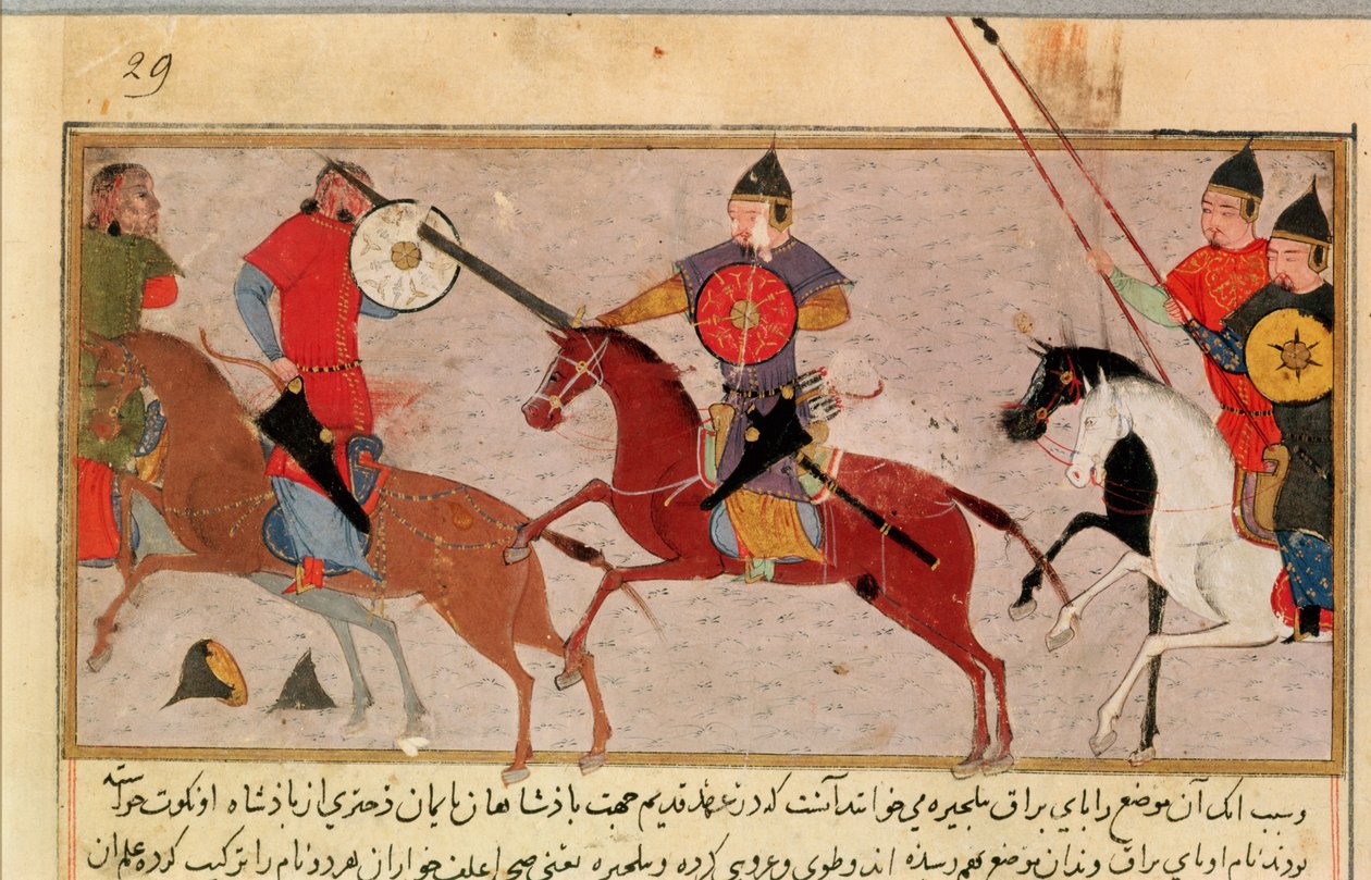 Pers.113 f.29成吉思汗（c.1162-1227）战斗鞑靼人，来自Rashid-al-Din（1247-1318）的书（水粉画） 作者 波斯学校