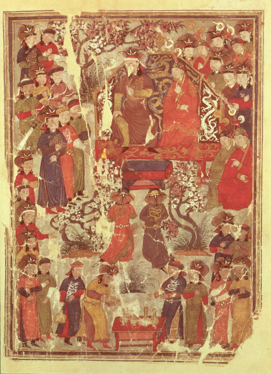 Supp女士。个人。 1113 f.126v Genghis Khan和他的妻子Bortei在朝臣面前登台，来自Rashid ad-Din（1247-1318）的一本名为Jami al Tawarikh（通用历史）的书的作品集 作者 波斯学校