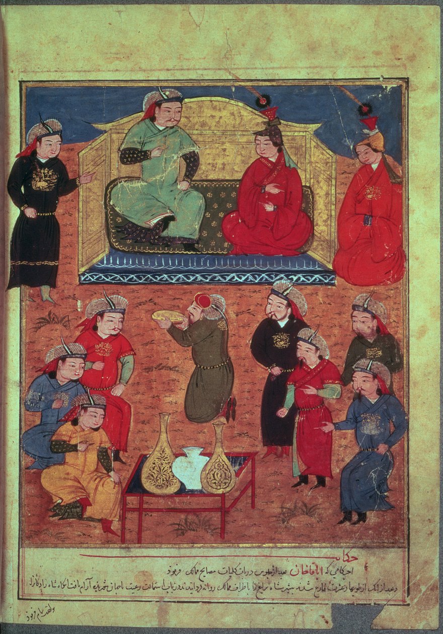 Supp女士。个人。 1113 fol.203v Arghan Khan与他的两个妻子和他的儿子Ghazan，来自Rashid ad-Din（1247-1318）的一本书 作者 波斯学校