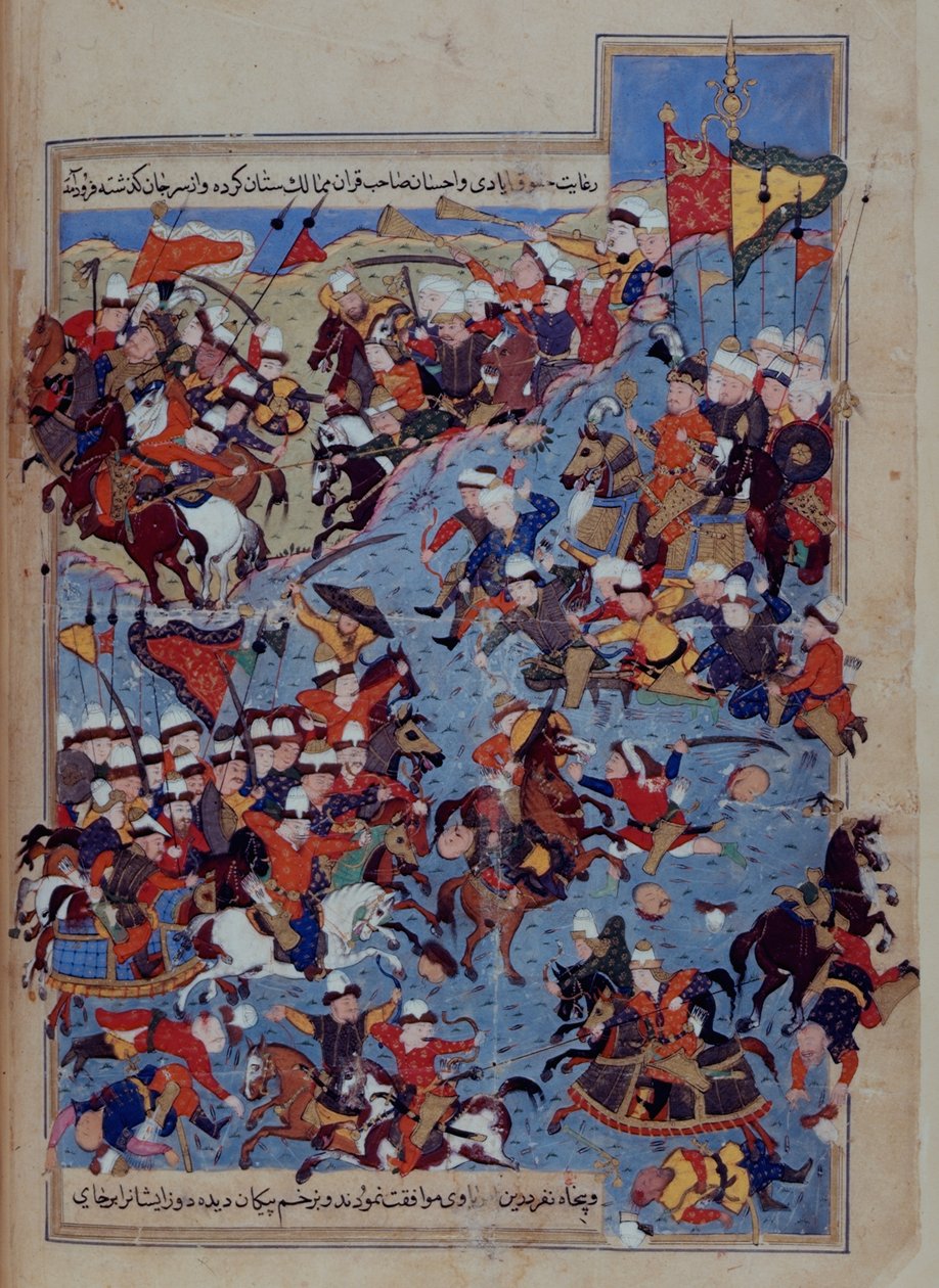 或 5736 fol.122v 帖木儿（1336-1405 年）与 Tuqtamish Khan 于 1395 年的战争，出自土耳其 Mirkhvand 的《Rawzat al-Safa》。 作者 波斯学校