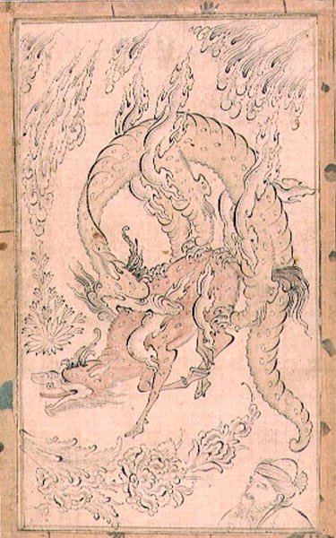 PD.154-1948 Kylin被龙吞噬，可能由Inayat Allah绘制（水墨）。 作者 波斯学校