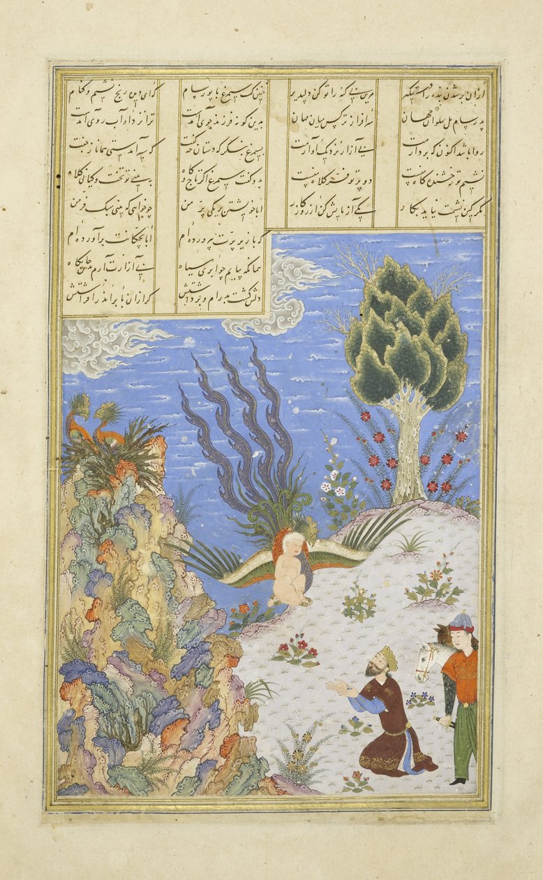 波斯语239第16章Simurgh将Z？l恢复为S？m，来自Shahnama（国王书）的插图，Abul-Qasim Mansur Firdawsi（c.934-c.1020），1444 作者 波斯学校