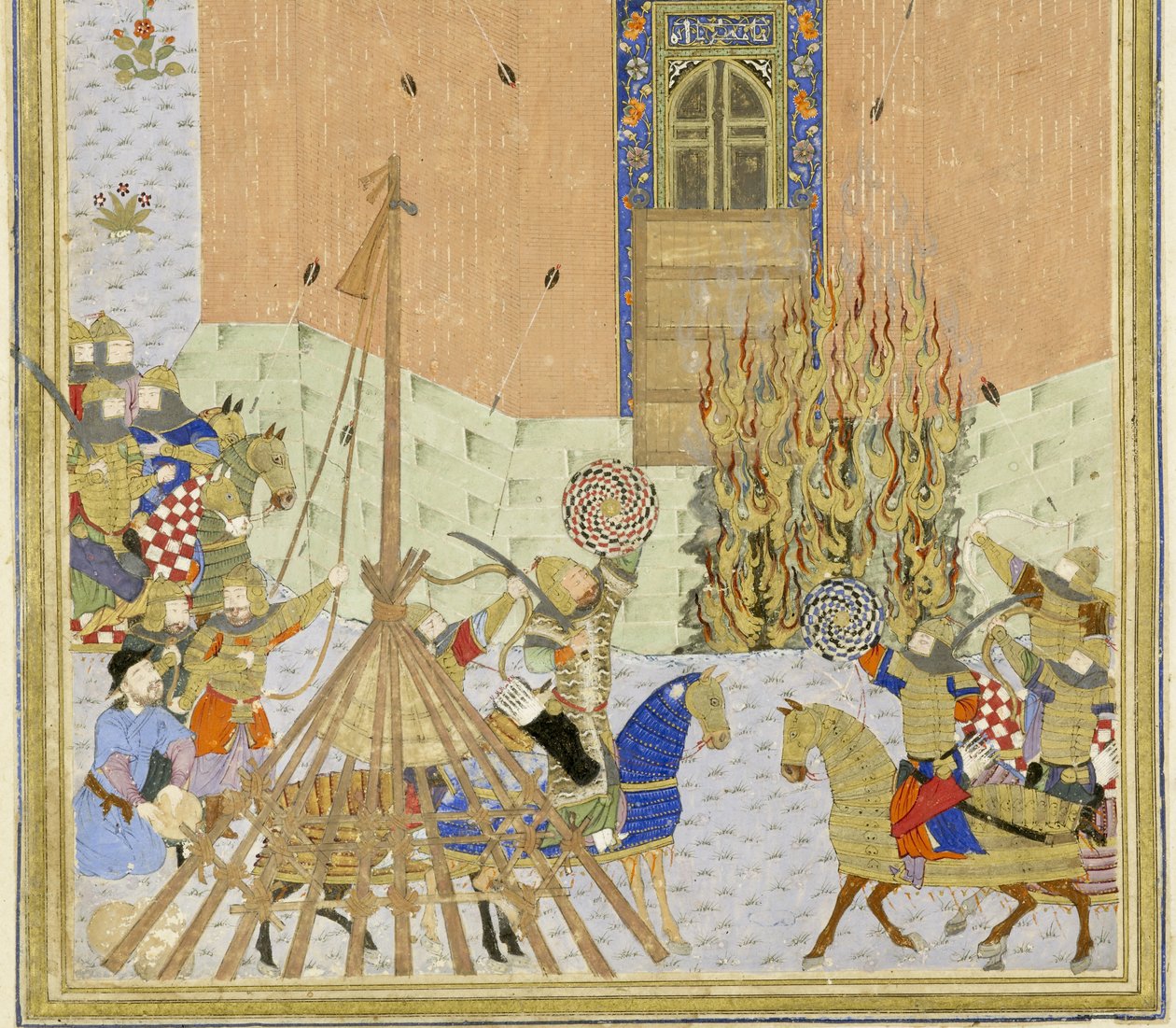 波斯语239 fol.223a详细信息：Gang Dizh的堡垒遭到地雷攻击，来自Shahnama（国王书）的插图，Abul-Qasim Mansur Firdawsi（c.934-c.1020），1444 作者 波斯学校