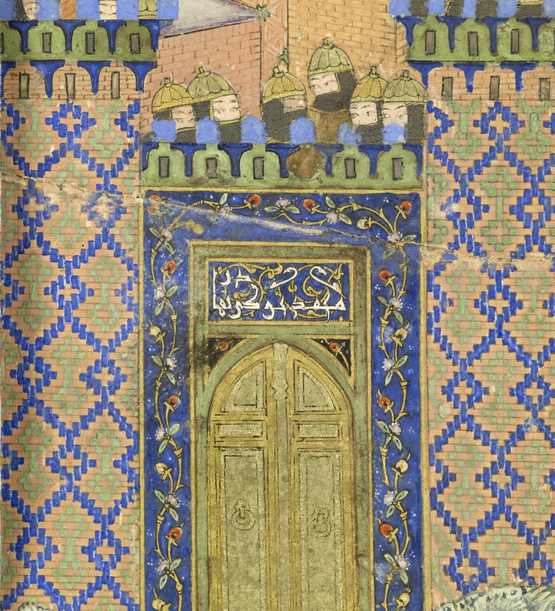 波斯语239 fol.278a详细信息：Isfandiy？r在Brazen Hold中杀死了Arj？sp，来自Shahnama（国王之书），Abul-Qasim Mansur Firdawsi（c.934-c.1020），1444 作者 波斯学校