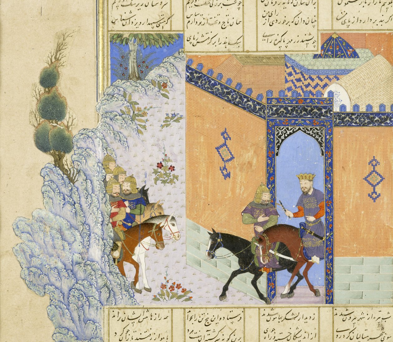 波斯语239 fol.394a详细信息：Qub的逃脱？来自Shahnama（国王书）的插图，作者：Abul-Qasim Mansur Firdawsi（c.934-c.1020），1444 作者 波斯学校
