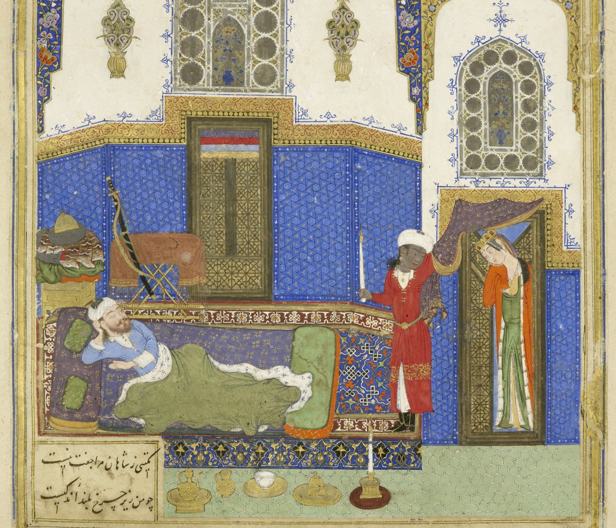 波斯语239 fol.56b详情：Tahm？nah来到Rustam，来自Shahnama（国王书）的插图，Abul-Qasim Mansur Firdawsi（c.934-c.1020），1444 作者 波斯学校