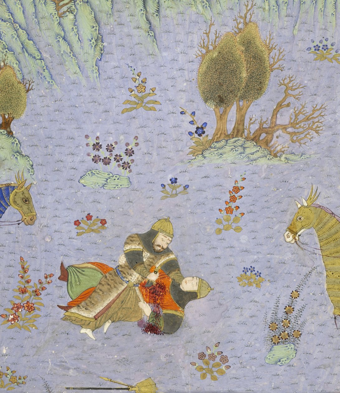 波斯语239 fol.67b详细信息：苏尔？苏莱姆被杀，来自Shahnama（国王书）的插图，作者：Abul-Qasim Mansur Firdawsi（c.934-c.1020），1444 作者 波斯学校