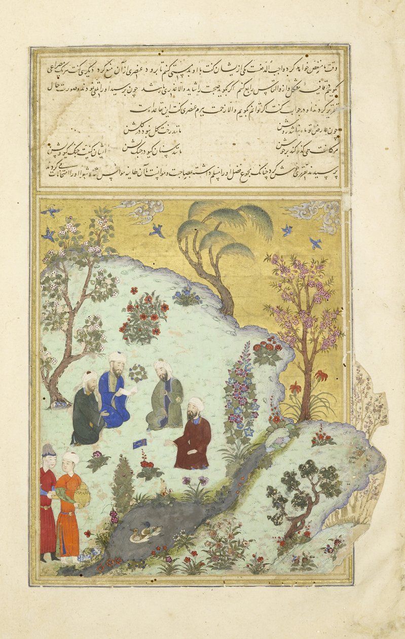 波斯语239 fol.7a Firdausi遇到了Ghazni的宫廷诗人，来自Shahnama（国王书）的插图，Abul-Qasim Mansur Firdawsi（c.934-c.1020），1444 作者 波斯学校