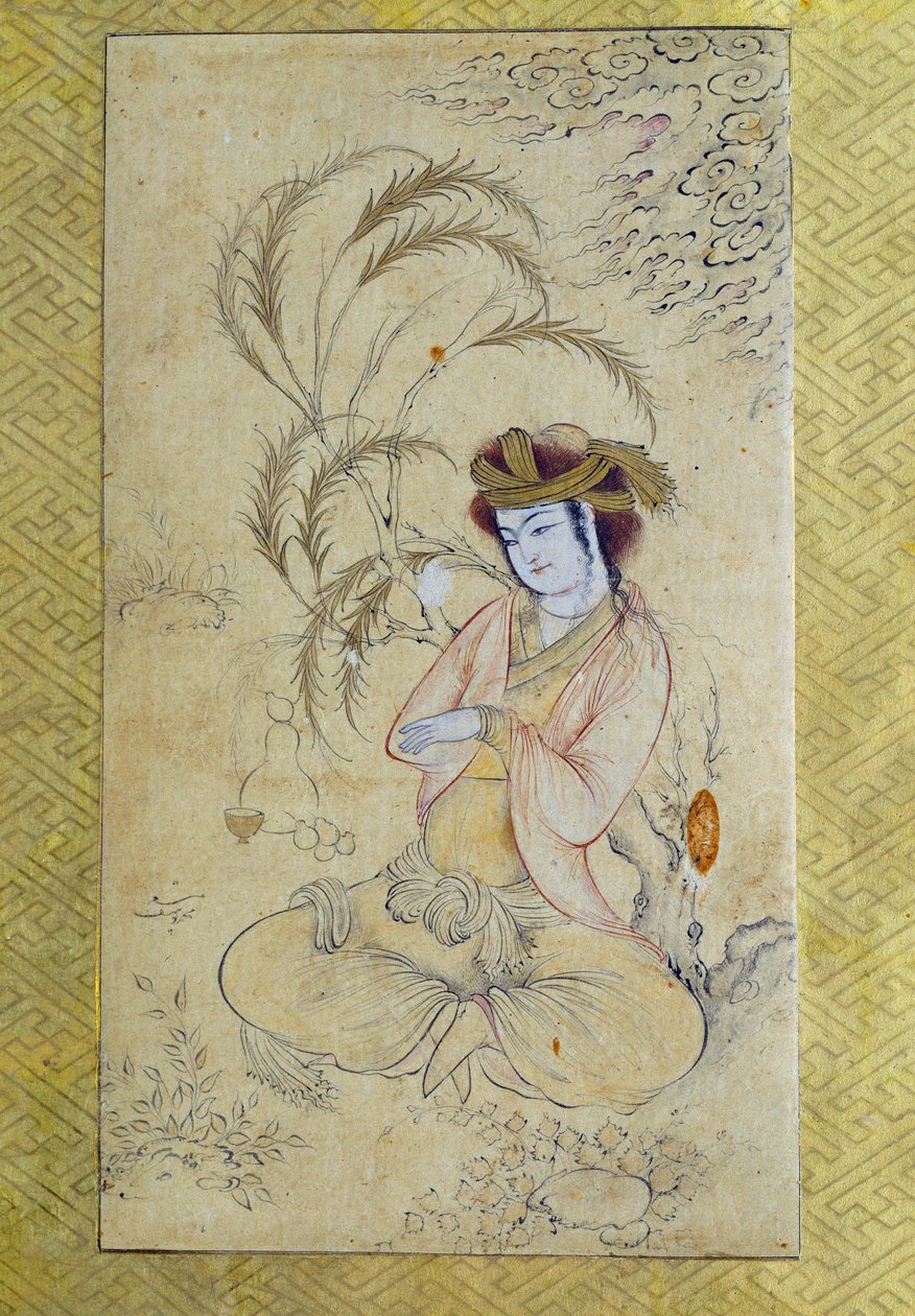 波斯艺术：“杨柳下归来的年轻人”17世纪巴黎的匿名水粉画，卢浮宫博物馆 作者 波斯学校