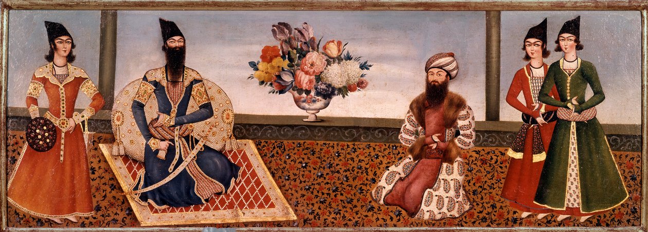 波斯国王 Fath Ali Shah（1771-1834 年）围绕着他的宫廷成员 设拉子画派（设拉子）（19 世纪）德黑兰，Foroughi 收藏 作者 波斯学校