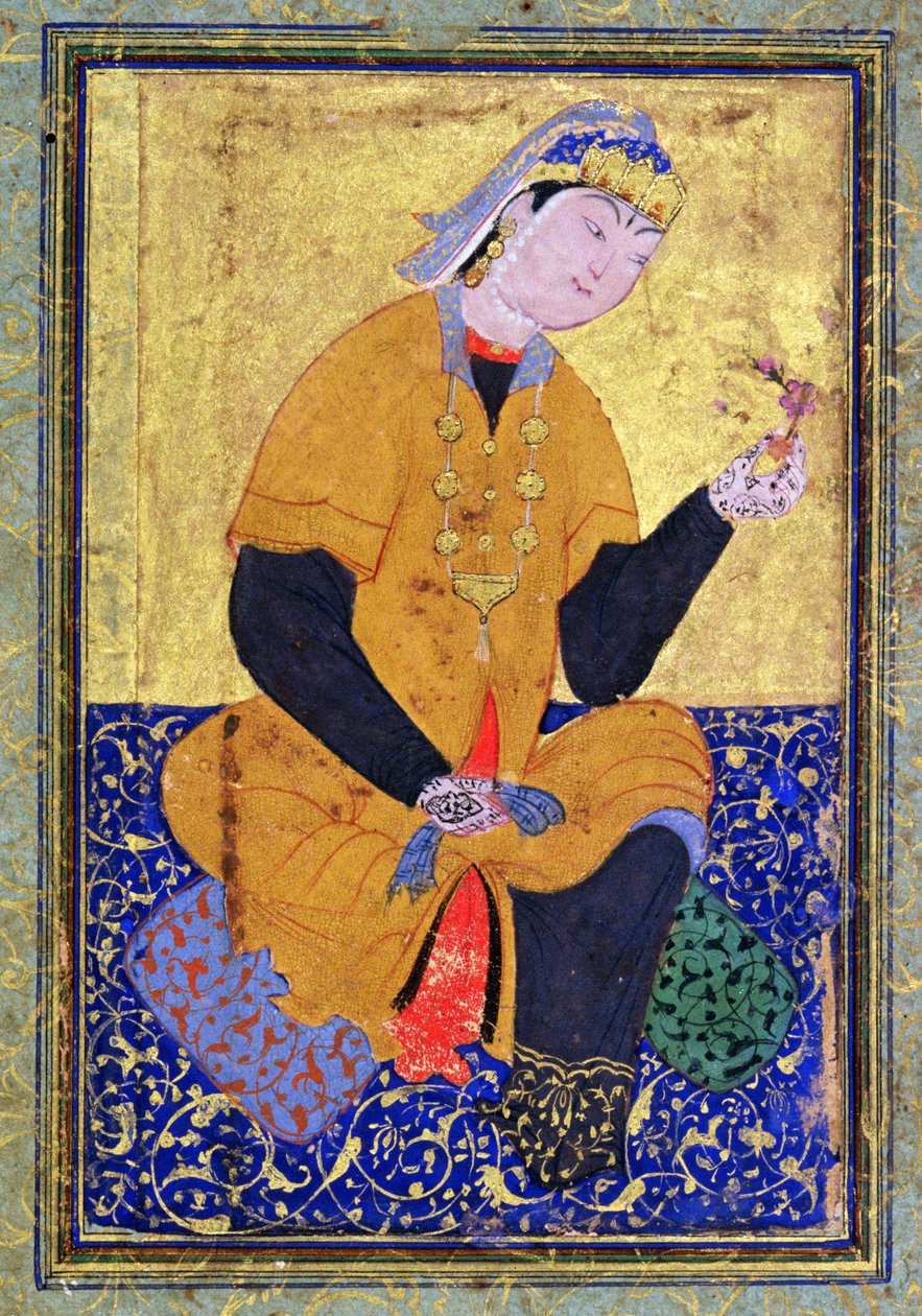 Hamida Banu Begum的肖像，拿着印章，从1550年米尔阿里的选集中说明了对开页， 作者 波斯学校