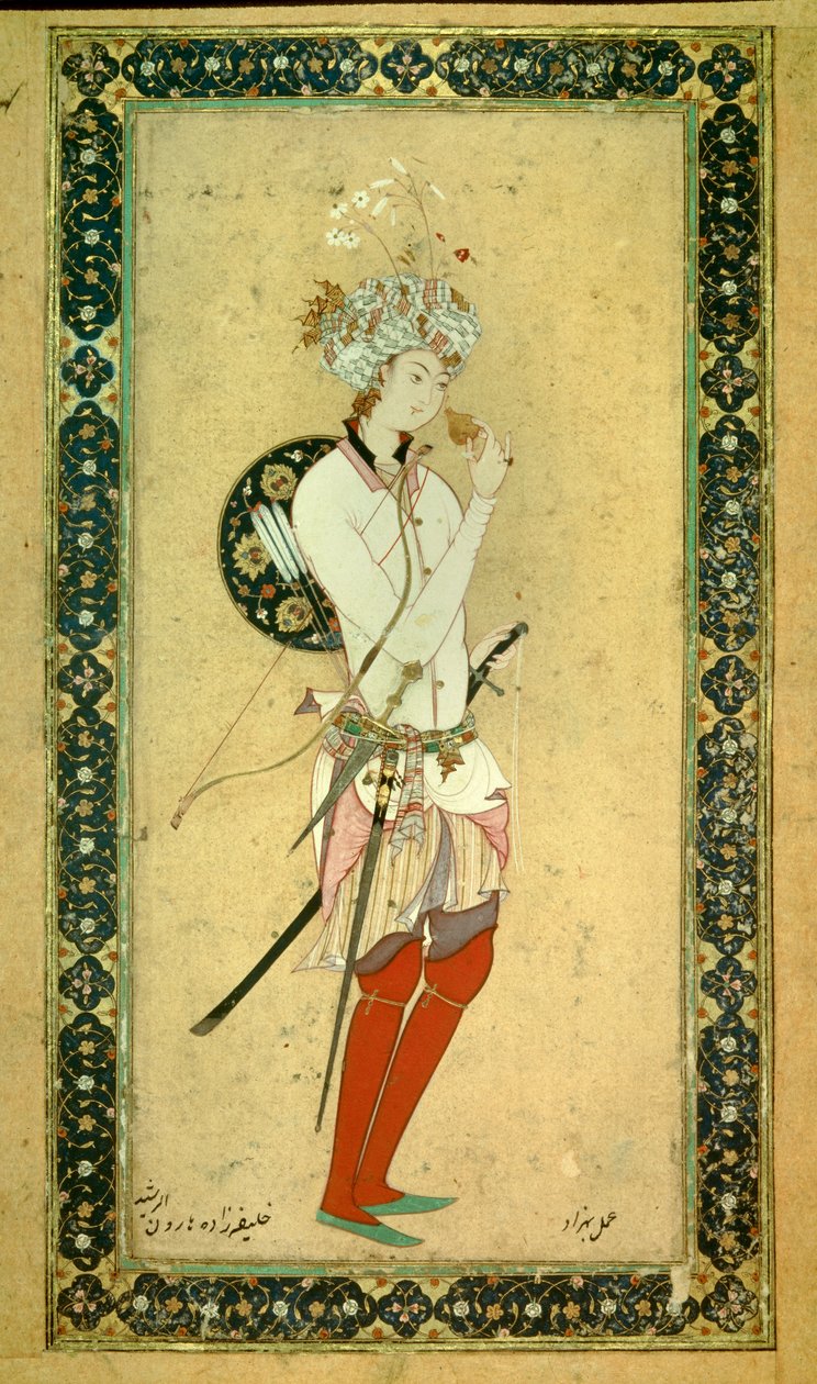 哈伦-拉希德（Harun al Rashid或al-Rashid（al Rashid）或ar Rashid（ar-Rashid）或el Rashid（el-Rashid）或el Raschid（el-Raschid）或al Raschid（al-Raschid）的肖像，阿巴斯王朝哈里发（766？ 809）。波斯的微型画 作者 波斯学校