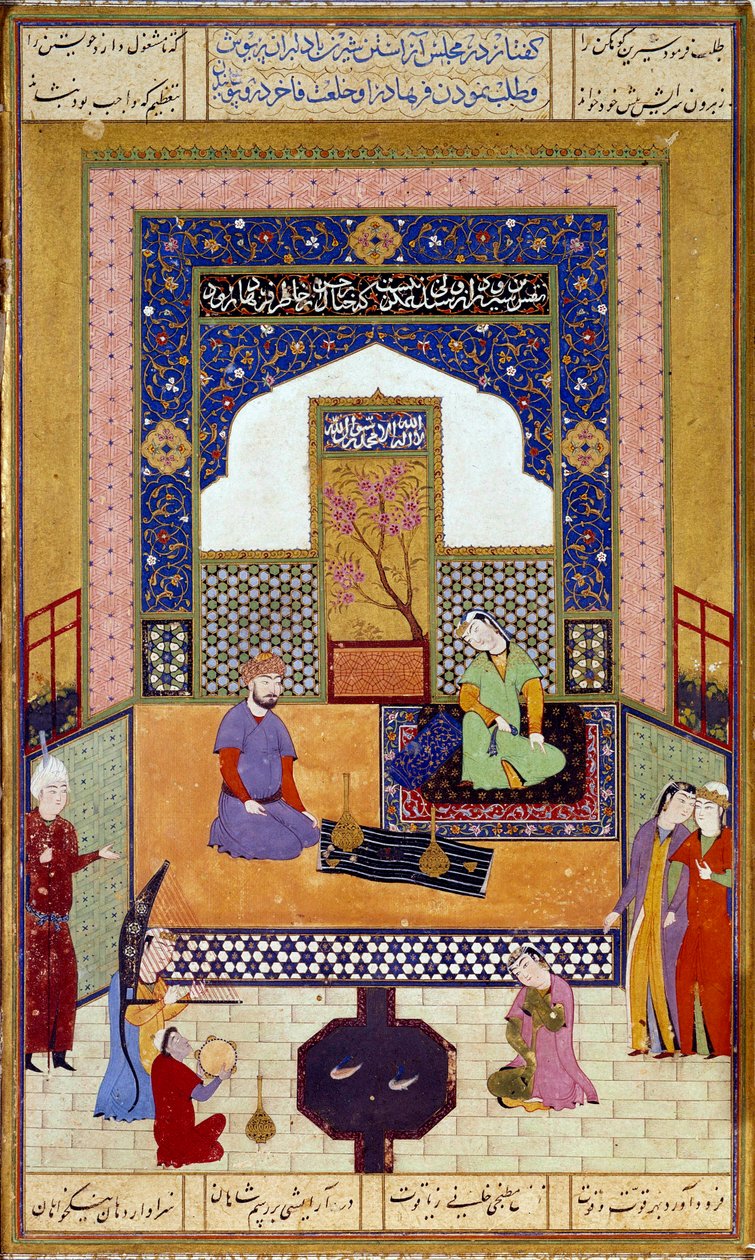 Shirin 公主（Chirin）在她的波斯微型城堡中接待 Farhad，描绘了 Nizami 的“Khamsa”（五首诗）（1141-1209）16 世纪巴黎卢浮宫博物馆的一集 作者 波斯学校