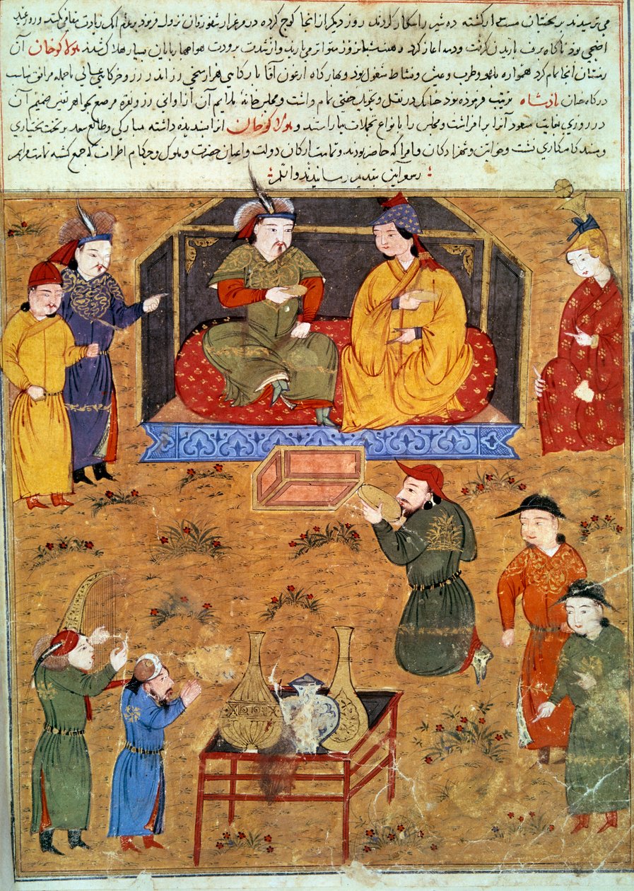后拉古汗 (1217-1265) 的代表，他是成吉思汗波斯细密画的孙子，取自历史学家 Rashid al-din (al din) (1247-1318) 大约 1430 年。巴黎，BN 作者 波斯学校