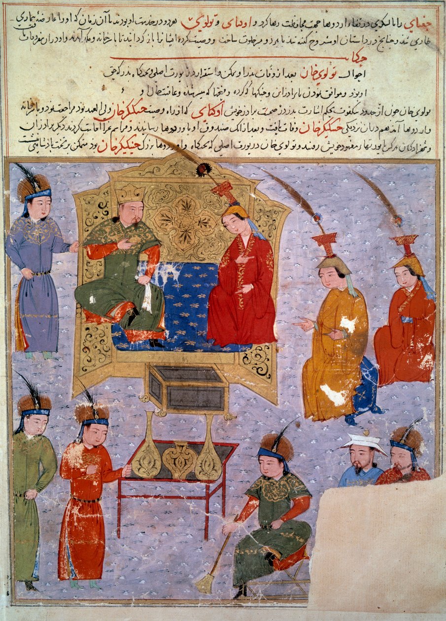 后拉古汗 (1217-1265) 的代表，他是成吉思汗波斯细密画的孙子，取自历史学家 Rashid al-din (al din) (1247-1318) 大约 1430 年。巴黎，BN 作者 波斯学校