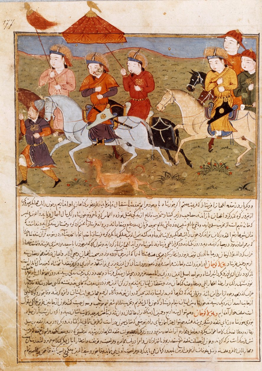成吉思汗的孙子侯拉勾汗骑马的代表。 历史学家 Rashid al-din (al din) (1247-1318) 于 1430 年左右取自 Jami al-Tawarikh” (Jami al tawarikh) 或“普遍历史”的波斯缩影。巴黎，B.N. 作者 波斯学校