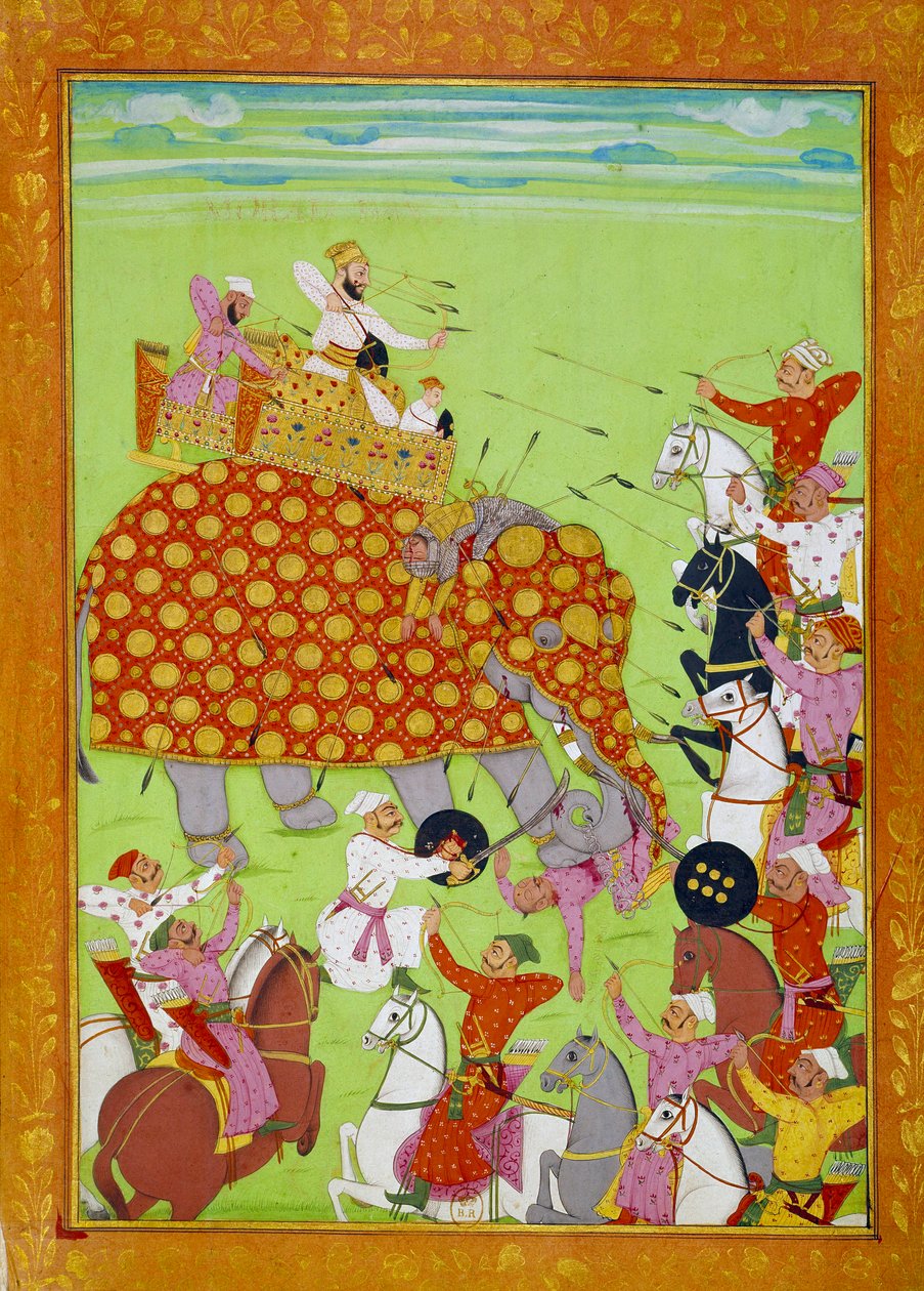 穆拉德 (Mourad) Baksh (1624-1661) 的代表，莫卧儿皇帝沙杰汗（或沙杰汗，沙杰汗）的儿子在大象上战斗。 17 世纪巴黎的波斯缩影，B.N. 作者 波斯学校