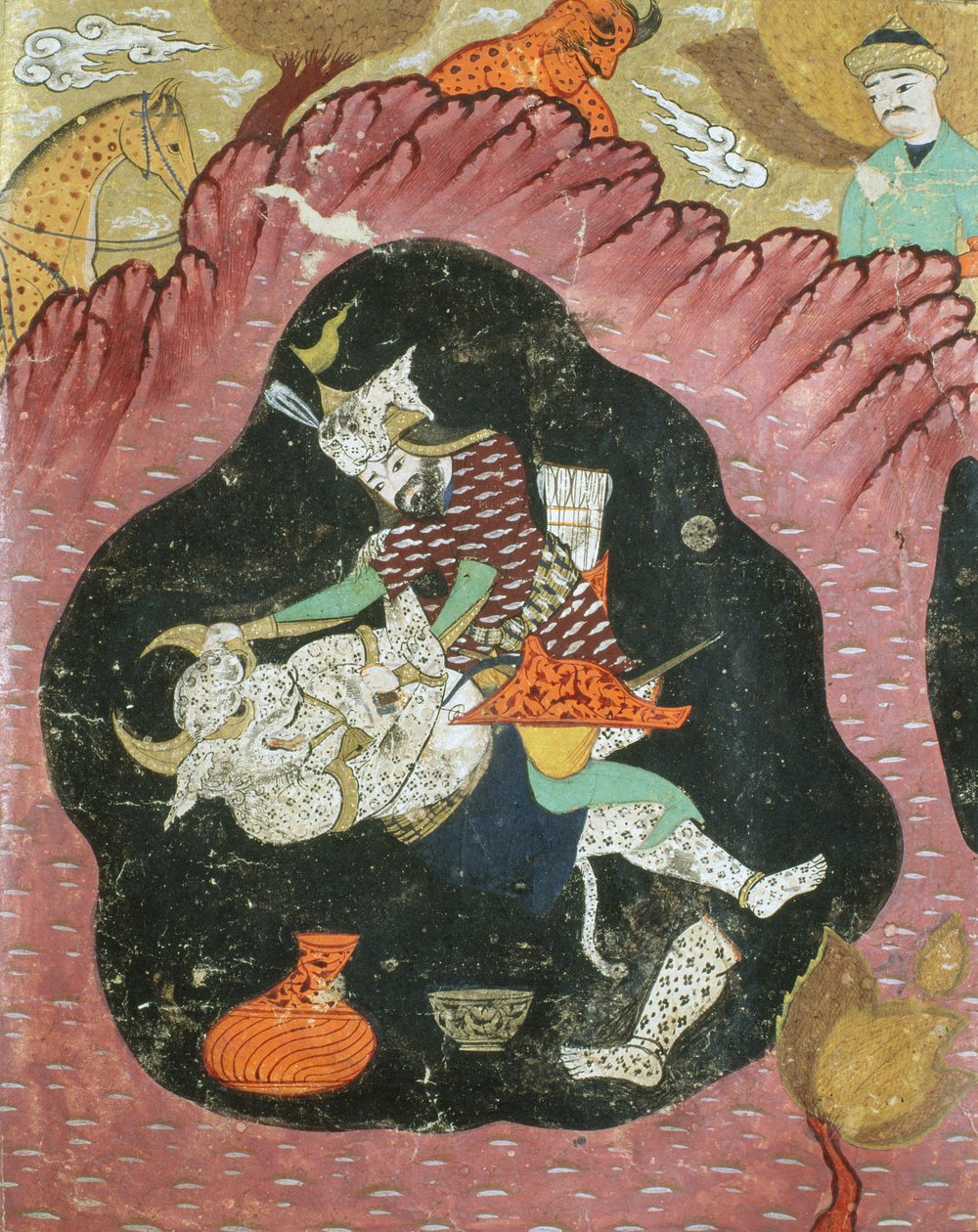 Rostam杀死洞穴中的白色恶魔，来自Shahnama（国王之书）的插图由Abul-Qasim Manur Firdawsi（c.934-c.1020）1615 作者 波斯学校