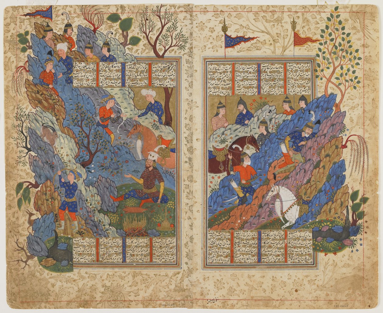 鲁斯塔姆（Rustam）放回巴哈曼（Bahman）从沙哈纳玛（Shahnama）（列王记）滚落在他身上的石头，约1590年至1600年（墨水，不透明水彩和纸上金） 作者 波斯学校