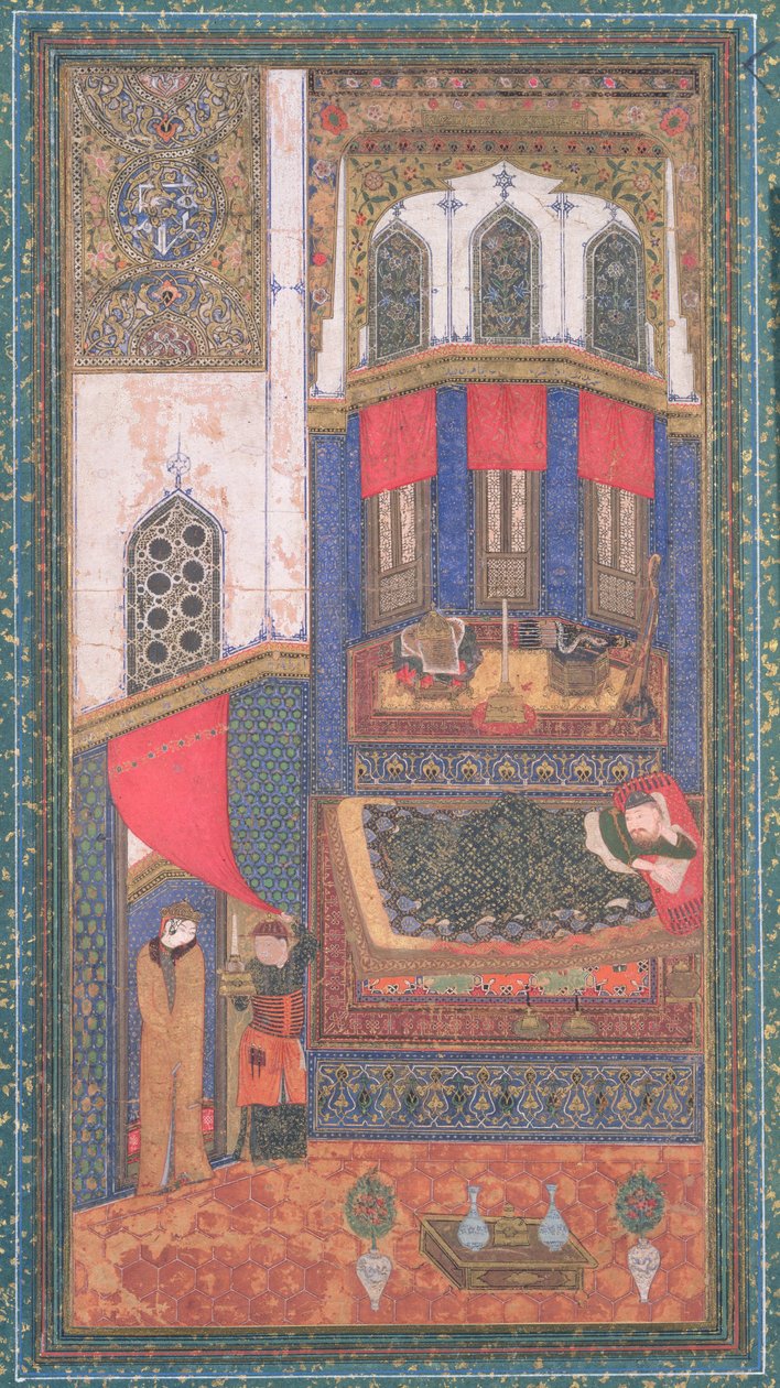 Tahmina来自Rustas Chamber，来自Shahnama（国王之书）的插图，Abul-Qasim Manur Firdawsi（c.934-c.1020），来自阿富汗赫拉特，c.1410（不透明的wc和黄金在纸上） 作者 波斯学校