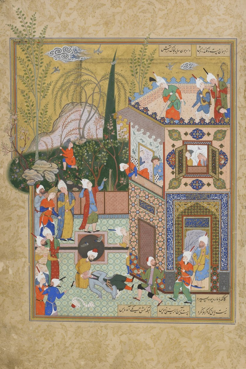 The Fickle Old Lover被屋顶击倒，来自Jaf（1849年）的Haft awrang（七个王座）的作品集可能是Mashad，伊朗Khurasan，Safavid王朝，1556-1565（墨水，不透明水彩和金色） 作者 波斯学校