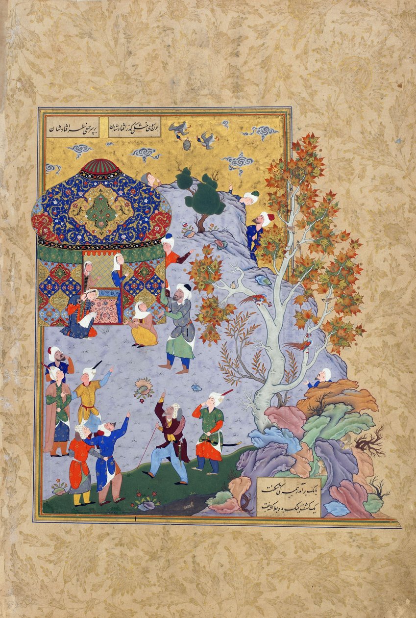 乌龟的飞行，来自Jami（1842年）的Haft awrang（七个宝座）的对开，可能是Mashad，伊朗Khurasan，Safavid王朝，1556-1565（墨水，不透明水彩和纸上的金） 作者 波斯学校