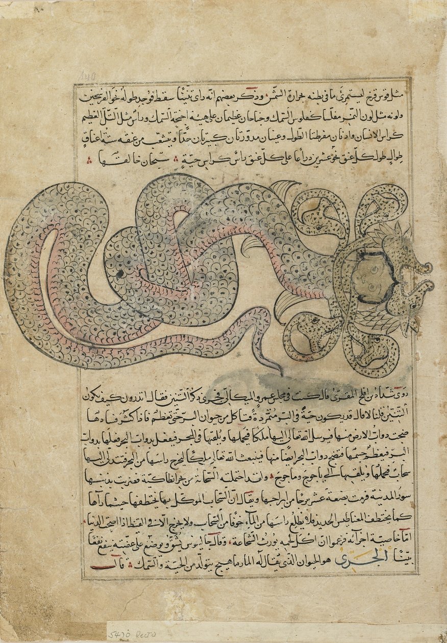 Sea-SerpentDragon（al-Tannin），al-Qazvini，伊拉克或土耳其东部的Ajaib al-makhluqat（创造奇迹）的作品集（纸上不透明的水彩，墨水，金银） 作者 波斯学校