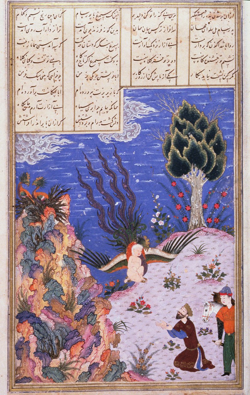 Simurgh将孩子Zal恢复到他的父亲Sam，来自Shahnama（国王之书）的插图，由Abul-Qasim Manur Firdawsi（c.934-c.1020）c.1440-45（笔，墨水和wc在牛皮纸上） 作者 波斯学校