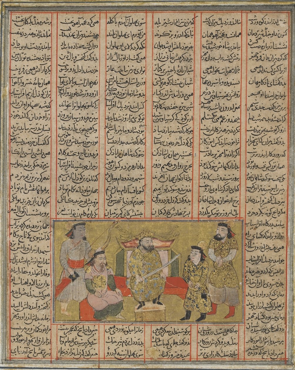 圣骑士Piran将年轻的Khusraw呈献给Afrasiyab，来自Firdawsi的Shahnama（国王之书）（d.1020）（不透明的水彩，墨水，金色和黑色在纸上） 作者 波斯学校