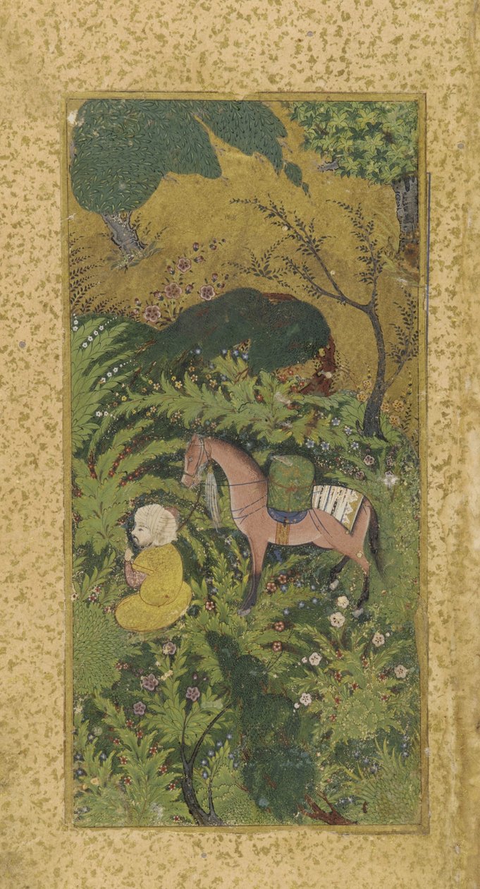 等待新郎与马在树木繁茂的小树林，可能大不里士，土库曼王朝，c.1500（不透明的水彩和纸上的黄金） 作者 波斯学校