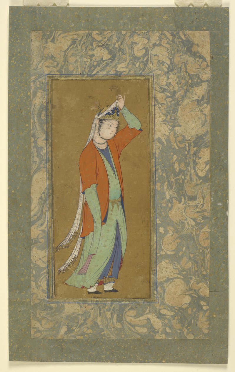 女人调整她的aigrette，约1590年 作者 波斯学校
