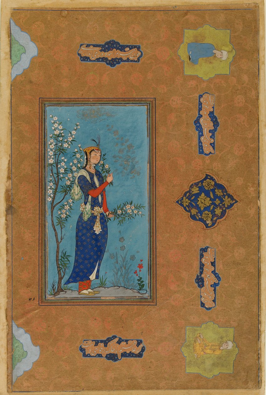 女人用鲜花喷雾，萨法维时期，1575年（wc＆黄金在纸上） 作者 波斯学校